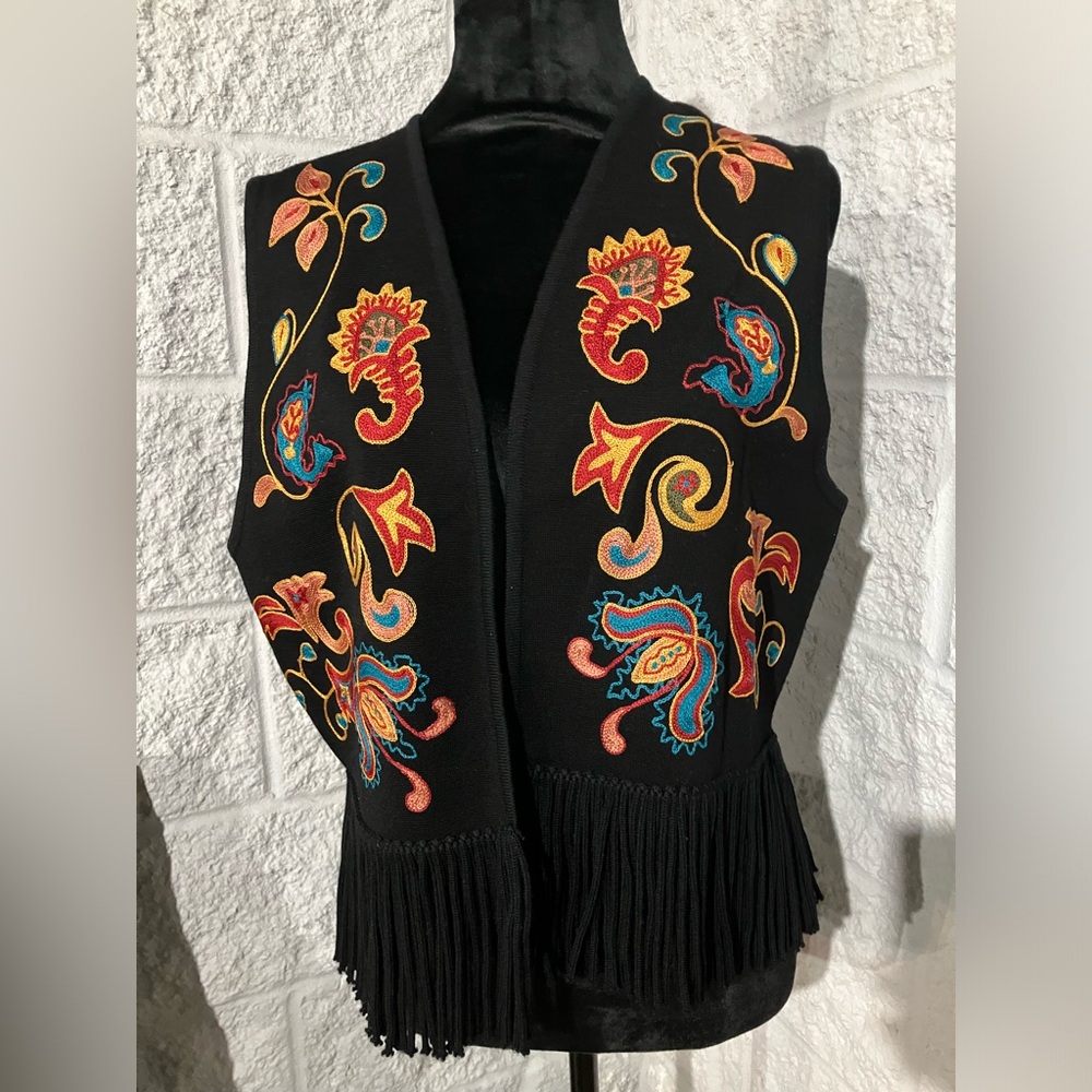Vintage Black Vest with Colorful Floral Patterns and fringe on the bottom